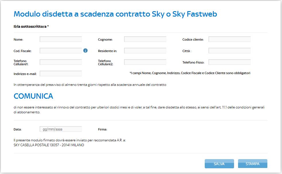 modulo di disdetta sky da